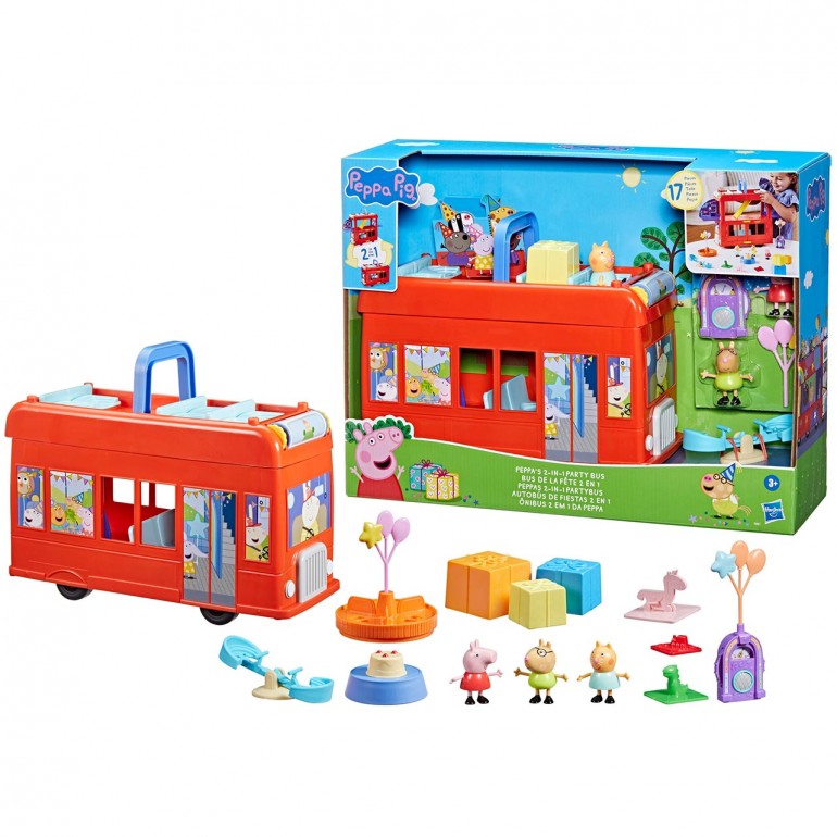 Peppa Pig Autobús de Fiestas 2 en 1  Hasbro F8881 con 13 accesorios incluye 3 figuras Peppa y 2 amigos bus 2 pisos rojo