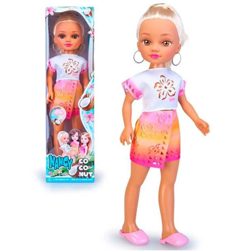  Nancy Coconut Rubia ,La muñeca Nancy Coconut Rubia es un complemento ideal para las aventuras de verano de niñas y niños.Con su cabello rubio y su vestido con troquelado,  Un diseño único y un aroma irresistible. 