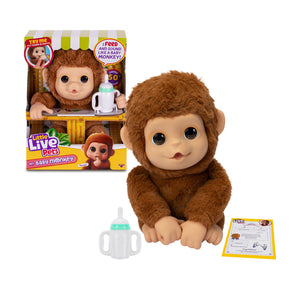 ¡Little Live Pet  Lil Baby Monkey!  aspecto y tacto realista de un bebé mono, también actúa como tal y tiene manos y pies que pueden agarrar, agarrar y abrazarse a objetos. Lil Baby Monkey también su boca es móvil y llama, habla y permite darle de comer. Con más de 50 sonidos y reacciones