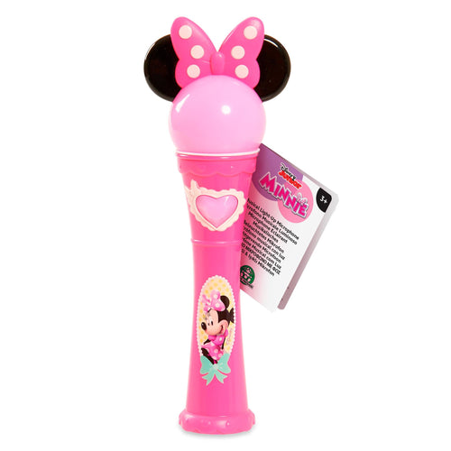 Micro Musical Minnie Mouse El micrófono tiene luces y música, solo hay que pulsar el botón rosa y empieza la diversión,suena una canción de la serie y el micrófono tiene luces de color que se iluminan al ritmo de la música. Mide unos 16 centímetros .
