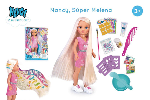  Nancy Super Melena, con melena extra larga, con la que podrás crear una infinidad de peinados nuevos y sorprendentes, con todo lo necesario para cuidar y peinar el cabello, incluye un cepillo especial para desenredar su melena, varias mascarillas capilares para mantener su pelo largo suave y brillante