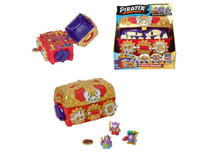 Piratix Monster Treasure Cofre color rojo con 3 figuras exclusivas, descubre el código secreto para conseguir el tesoro 