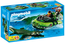 Cargar imagen en el visor de la galería, Set de Playmobil de cazadores de caimanes con su bote aerodeslizador, 2 figuras Playmobil, caimán y dos caimanes crías. Se le puede acoplar un motor submarino Playmobil (no incluido) para que pueda desplazarse por el agua.