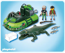 Cargar imagen en el visor de la galería, Set de Playmobil de cazadores de caimanes con su bote aerodeslizador, 2 figuras Playmobil, caimán y dos caimanes crías. Se le puede acoplar un motor submarino Playmobil (no incluido) para que pueda desplazarse por el agua.