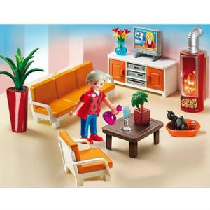 Sala de Estar - Playmobil Doll House 5332Una sala de estar funcional y confortable para la casa de muñecas de Playmobil. Esta sala de estar incluye sillón, sofá, mueble para el equipo de música y televisión, un gatito y una estufa de pellets que se ilumina de verdard (funciona con 2 pilas AAA no incluidas).