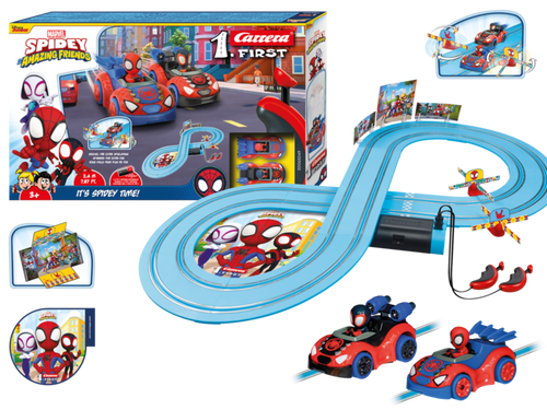  circuito  de Carrera FIRST 'It's Spidey Time', se une a su amigo Miles Morales, alias Spin, mientras corren alrededor de la pista de 2,4 metros. Numerosos elementos decorativos con diseños de la serie adornan la pista, creando una atmósfera genuina de Spidey en los autódromos de dormitorio. Incluye los 2 coches y los 2 mandos.