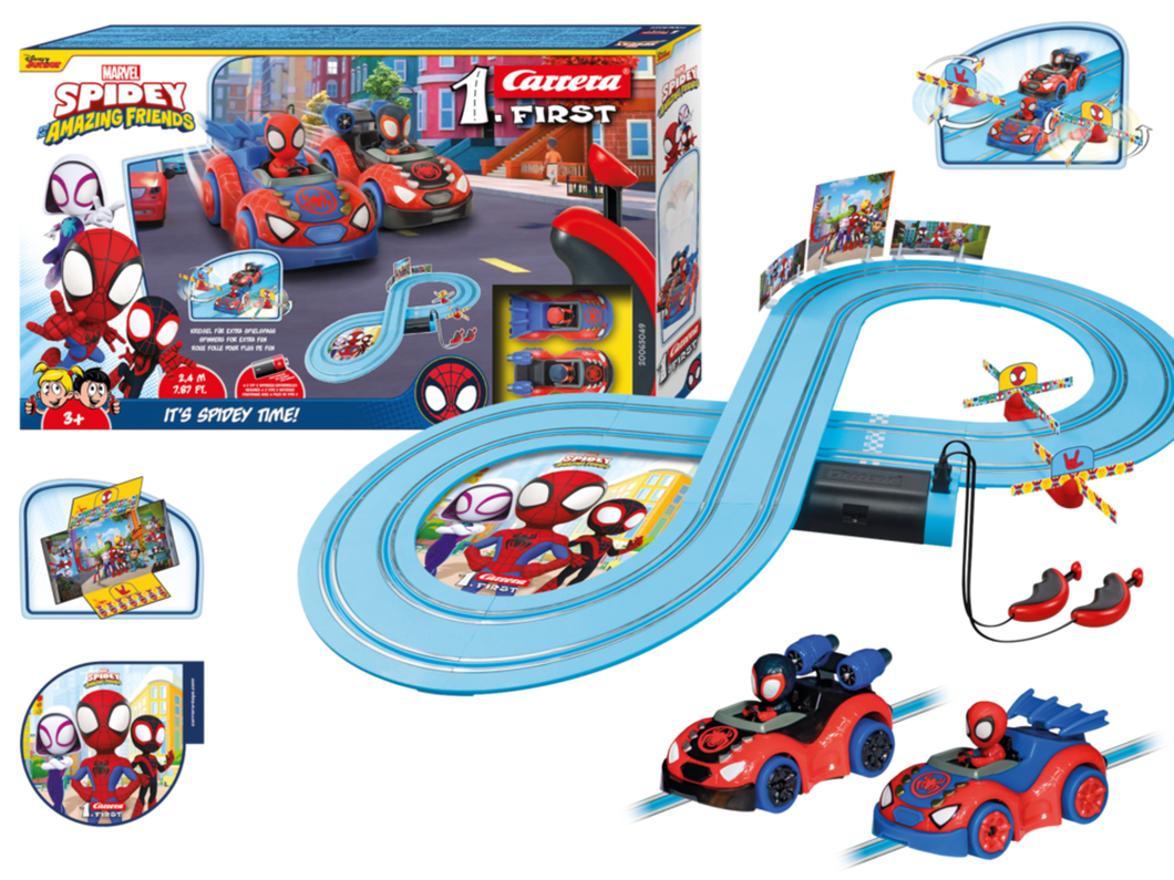  circuito  de Carrera FIRST 'It's Spidey Time', se une a su amigo Miles Morales, alias Spin, mientras corren alrededor de la pista de 2,4 metros. Numerosos elementos decorativos con diseños de la serie adornan la pista, creando una atmósfera genuina de Spidey en los autódromos de dormitorio. Incluye los 2 coches y los 2 mandos.