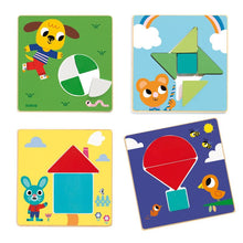 Carregar imagem no visualizador da galeria,  Tangramini i original juego de madera basado en el clásico juego de tangram. La caja contiene unas tablas de madera ilustradas con bonitos paisajes y el niño o niña tendrá que completarlas colocando las piezas geométricas que faltan. 