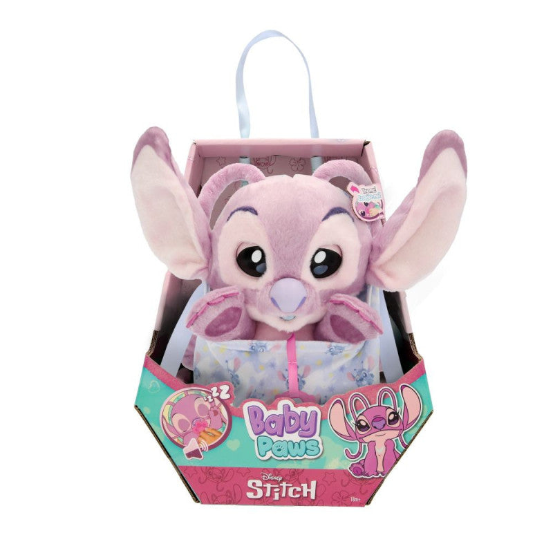 Baby Paws Angel , viene para unirse a la familia Baby Paws para estar junto a su querido Stitch! emite los mismos sonidos que en la serie de televisión, es tan cuqui... Si le quitas su chupete personalizado verás cómo abre los ojos por primera vez mientras hace dulces sonidos de sueño. 