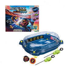 Carregar imagem no visualizador da galeria,  BeyBlade Quad Strike Set de Batalla Thunder Edge,Todo lo que necesitas para la Batalla. Beystadium Exclusivo con 4 zonas de batalla. Pendientes pronunciadas. Incluye 2 Tops QuadStrike y 2 lanzadores QuadStrike izquierdo / derecho. 