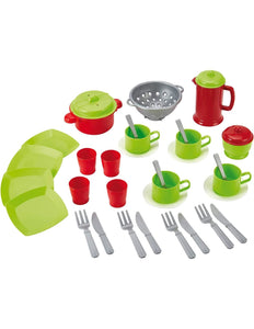  Bolsito Vajilla - Ecoiffier,Vajilla de plástico y de vivos colores . 35 piezas. Contiene 4 platos, 4 vasos, 4 tazas, 4 tenedores, 4 cuchillos, 4 cucharillas, azucarero, jarra con tapa, escurridor y tartera. 