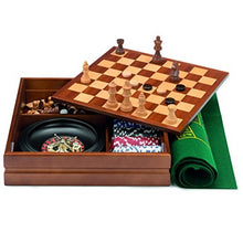 Carregar imagem no visualizador da galeria,  Elegante y exclusivo set de juegos hecho de madera. Contiene una ruleta, un tapete, fichas de ruleta, fichas de ajedrez, damas y dados. Una preciosa edición de marquetería con excelentes acabados. El tablero de ajedrez mide 35 x 35 cm. 