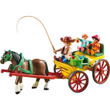 Cargar imagen en el visor de la galería, Playmobil carruaje con caballos En el carruaje caben 4 figuras y es tirado por un caballo Cesto de picnic con 2 manzanas y botella Incluye 3 figuras (adulto, niño y niña) 