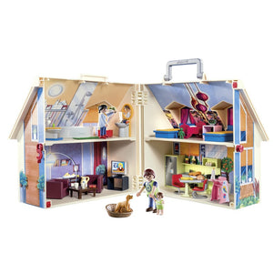 Casa de Muñecas Portatil - Playmobil, se puede cerrar, tiene un asa y la puedes llevar a todas partes. Incluye cocina, sala de estar, dormitorio y baño. Incluye 3 personajes, un perrito y todos los muebles que se ven. Un total de 64 piezas.