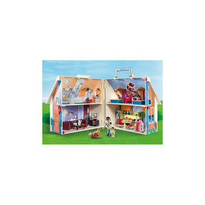 Casa de Muñecas Portatil - Playmobil, se puede cerrar, tiene un asa y la puedes llevar a todas partes. Incluye cocina, sala de estar, dormitorio y baño. Incluye 3 personajes, un perrito y todos los muebles que se ven. Un total de 64 piezas.