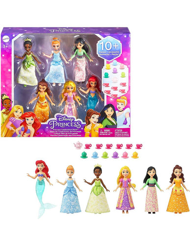 Disney Princess - Minis: Fiesta del Te. Celebra esta merienda al estilo propio de la realeza con 13 accesorios, Incluye a las princesas Disney Tiana, Cenicienta, Mulán, Bella, Rapunzel y Ariel Las muñecas miden 9 cm aprox. 