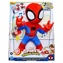 Carregar imagem no visualizador da galeria, Figura Spidey con 2 modos interactivos: canta y baila. Presiona la araña para oír sonidos y frases, al presionar su pie baila. Levanta su cabeza y míralo gatear. 2 canciones. Los niños podrán activar el modo baile al presionar la telaraña en el pie de Spidey. 