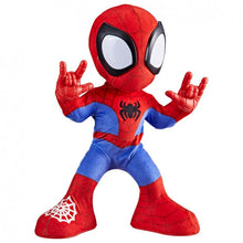 Carregar imagem no visualizador da galeria, Figura Spidey con 2 modos interactivos: canta y baila. Presiona la araña para oír sonidos y frases, al presionar su pie baila. Levanta su cabeza y míralo gatear. 2 canciones. Los niños podrán activar el modo baile al presionar la telaraña en el pie de Spidey. 