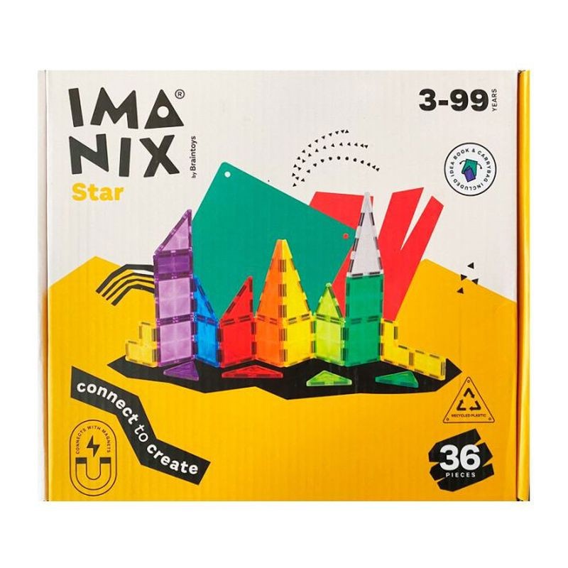 Imanix 36 Pcs - BrainToys 350036Descubre un sencillo sistema de construcción con imanes mediante conexión entre piezas con distintas formas geométricas sólidas y vistosos colores translúcidos. Con ellas podrás crear fantásticas estructuras en 2D y en 3D, ¡y asegurarte horas de diversión! 