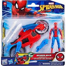 Carregar imagem no visualizador da galeria, Spiderman con Moto Arácnida ,Disfruta de las aventuras de Spiderman y su Moto-Arácnida con diseño exclusivo y lanzador de proyectiles . La figura de Spiderman mide 10 cm aprox. 