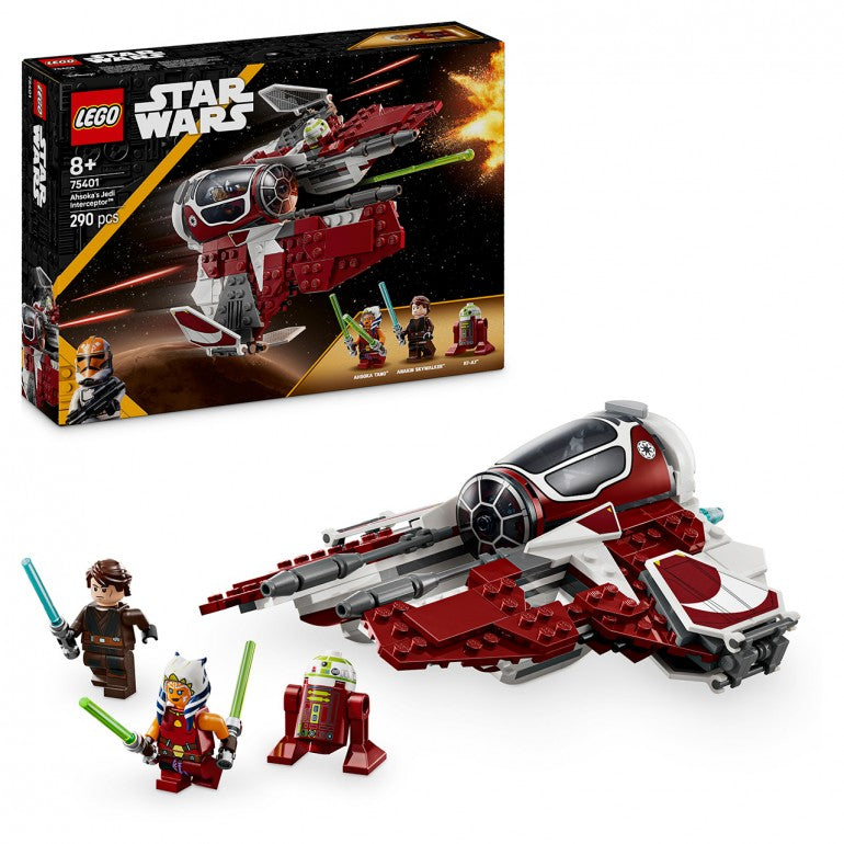  Interceptor Jedi de Ahsoka - LEGO Star Wars Este modelo LEGO Star Wars está equipado con cabina abatible, alas ajustables a las posiciones de ataque y crucero, y 2 cañones automáticos. El juego construible incluye 2 minifiguras LEGO Star Wars (Ahsoka Tano y Anakin Skywalker con espadas láser) y una figura LEGO de un droide (R7-A7) 