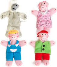 Cargar imagen en el visor de la galería, Las marionetas de dedo son un modo divertidísimo de dar vida a un cuento. Adquiere otra dimensión el poder ver a sus personajes moviéndose e incluso escuchar sus distintas voces. Con las marionetas de dedo de los 3 cerditos y el lobo, los niños no se cansarán de oir una y otra vez la misma historia. Características: - Composición: 80% Poliéster + 20% Algodón. - Cabezas de madera pintada con pintura no tóxica. Dimensiones: 11cm (Alto) x 7cm (Ancho) x 4cm (Largo)