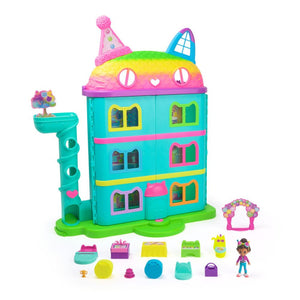 Gabby Casa de Muñecas Festiva EspecificacionesDescripción ¡Explora el encantador mundo de la casa de muñecas de celebración de Gabby, una pieza genial de 63 cm de alto con temática de arcoíris! Da rienda suelta a tu creatividad con la figura de juguete de Gabby Girl . Los muebles de la casa de muñecas y 10 accesorios, como un inodoro con temática de gatito, una mesa de piano/DJ y mucho más. Un área de juegos en la azotea. 