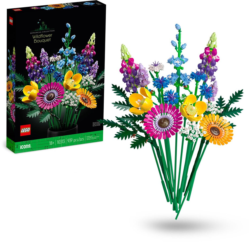  Ramo de Flores Silvestres Creado íntegramente con elaboradas piezas LEGO, el Ramo de Flores Silvestres está formado por 8 variedades de flores silvestres en tallos ajustables. 939 piezas