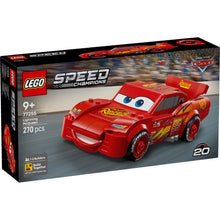 Cargar imagen en el visor de la galería, juguete de construcción LEGO Speed Champions Rayo McQueen. El modelo Disney presenta el famoso rayo amarillo y naranja de Rayo McQueen, el número 95, el logo del patrocinador Rust-Eze, neumáticos impresos con el texto Lightyear y pegatinas con sus simpáticos faros.