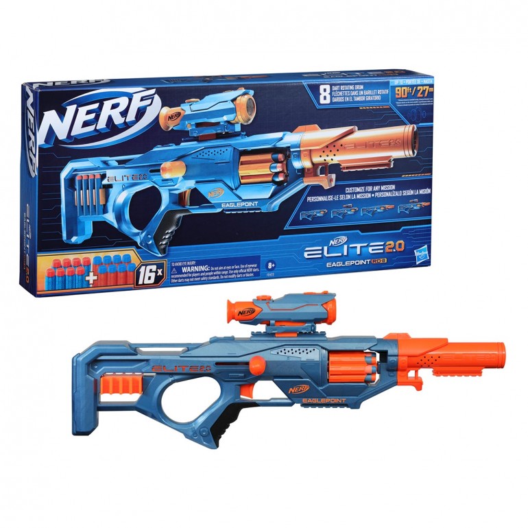 Nerf Elite 2.0 EaglePoint¡Personaliza el lanzador Nerf ! Incluye una mira y un cañón desmontable para que puedas crear diferentes estilos mientras te preparas para las batallas Nerf. El tambor giratorio tiene capacidad de 8 dardos.