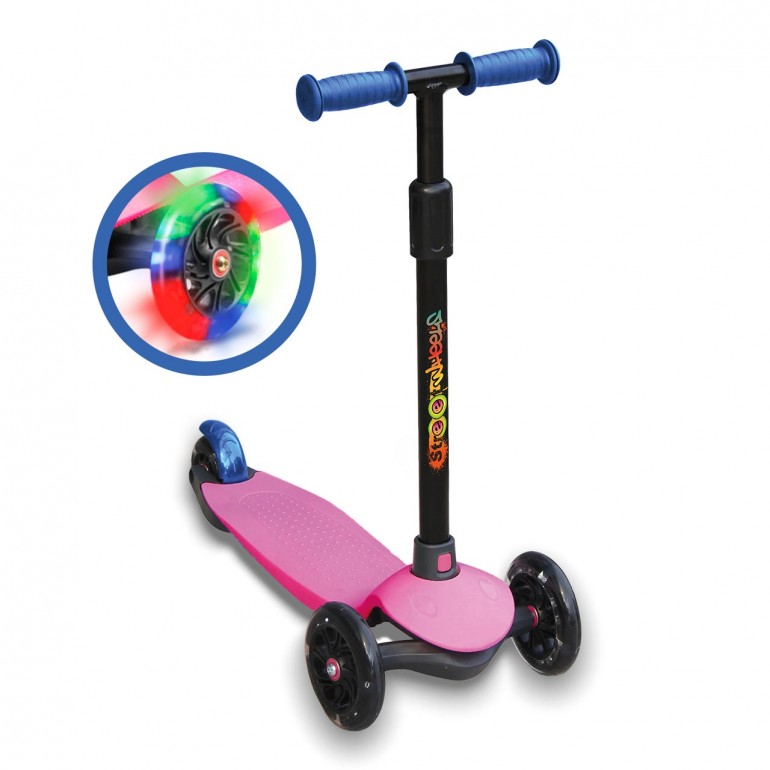  Patinete de 3 ruedas de color rosa. Incluye: Barra de dirección de aluminio y ajustable en altura. Fácil montaje y desmontaje con un solo clic. Plegable y fácil de transportar a cualquier parte. Puños antideslizantes con punta redondeada