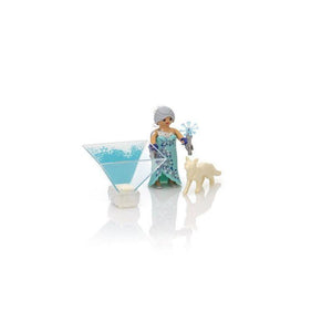 Figura de princesa de Invierno con zorrito polar Playmobil. Una parte lateral de la pirámide del holograma está impresa con una patrón que actúa como fondo para la figura del holograma.