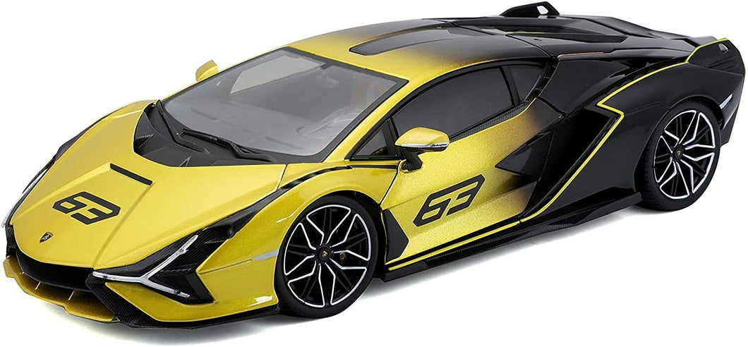  Lamborghini Sián FKP 37 Amarillo/Negro 1/18 Reproducción con gran calidadEsta hecho en metal a escala 1/18. Se abren las puertas hacia arriba, así como el capot y maletero. Este Lamborghini Sián es de color amarillo y negro. I