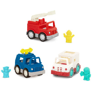 Conjunto de 3 vehiculos de emergencia para los conductores más pequeños. Los vehiculos están fabricados con plásticos libres de Polipropilenos. No tiene piezas pequeñas que se puedan engullir