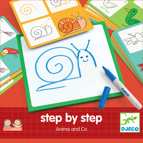 Juego Step by Step para pintar animales en tres pasos , calcando uno y después el siguiente. 24 fichas