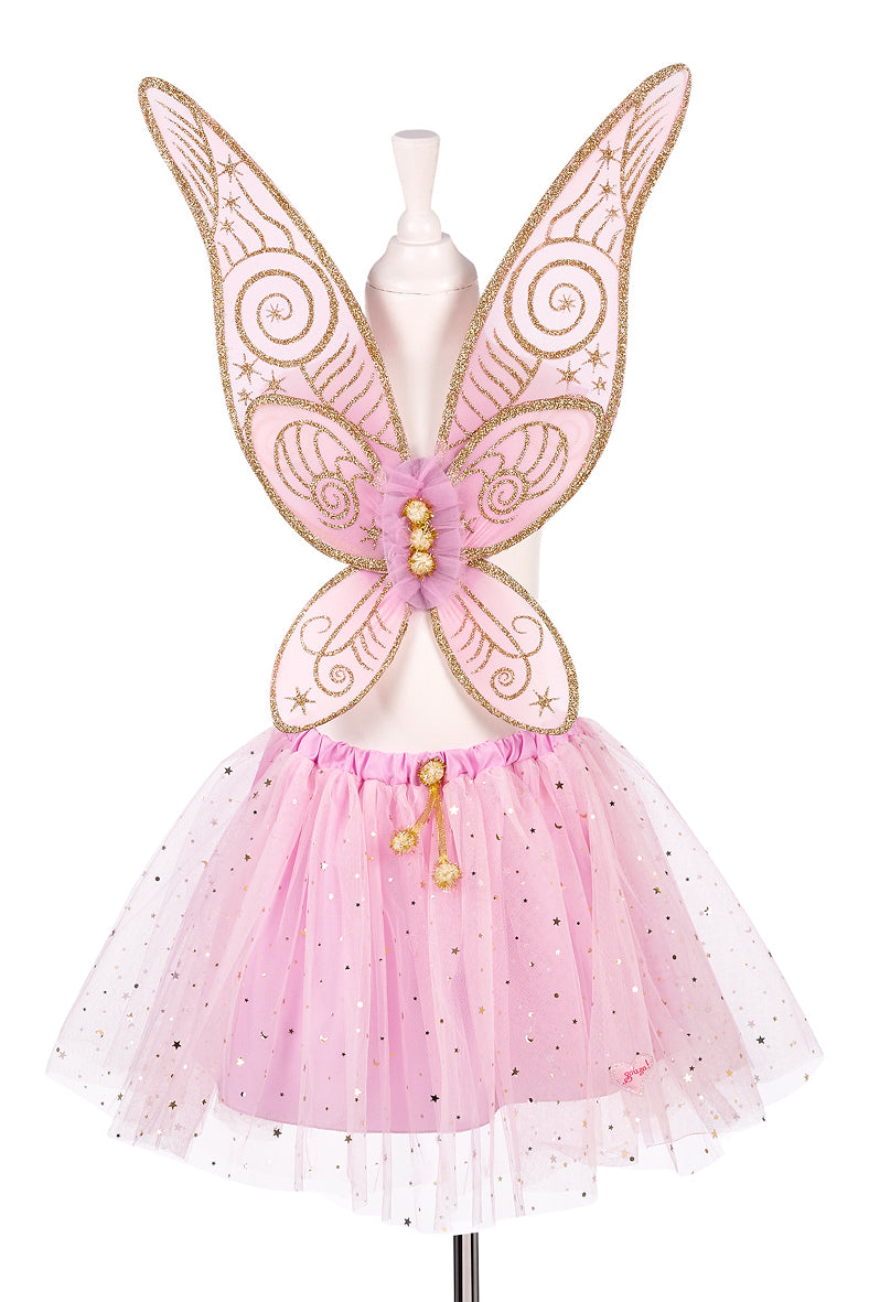 Conjunto de falda y alas de tul rosa con detalles brillantes.