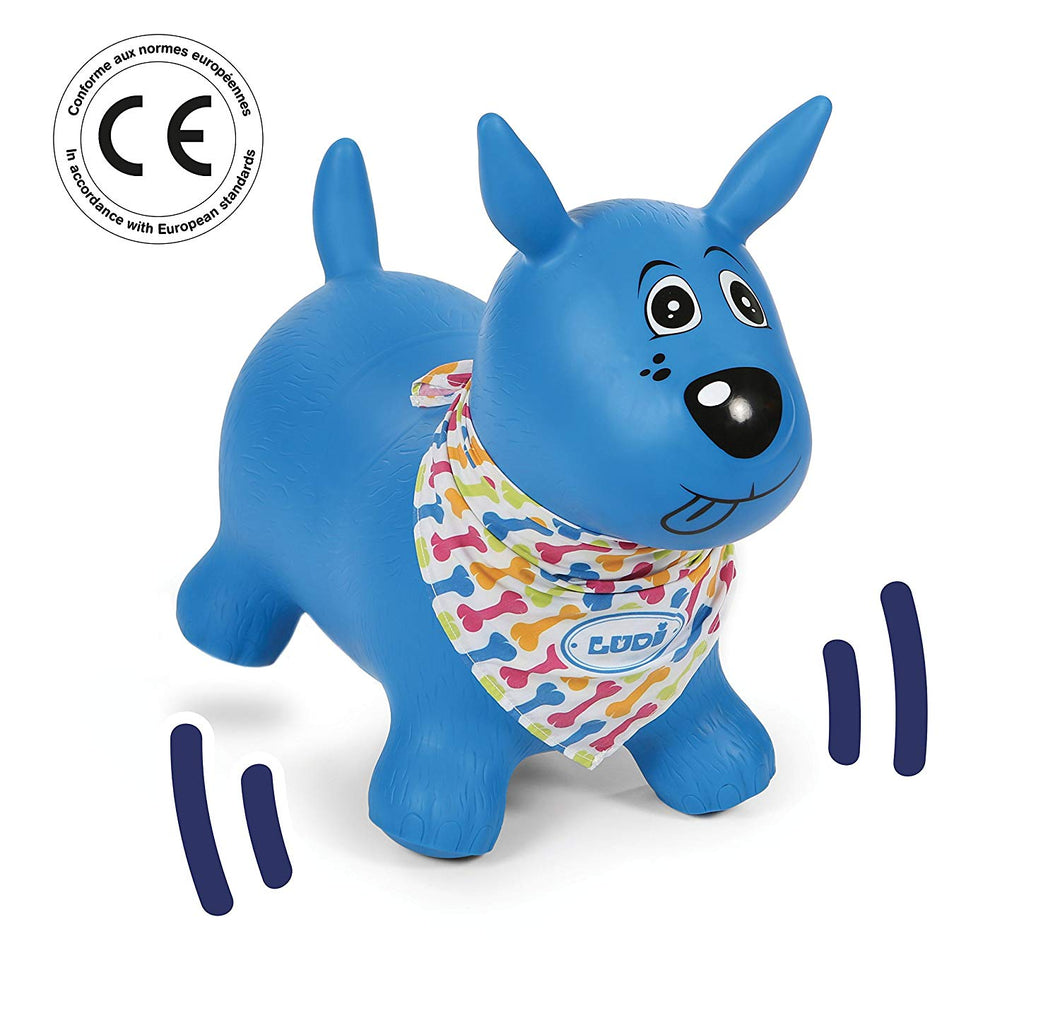 Perro Saltarín Azul Ludi 12776 montar encima y saltar, incluye inflador, especial para bebés, PVC no tóxico  de 10 a 36 meses