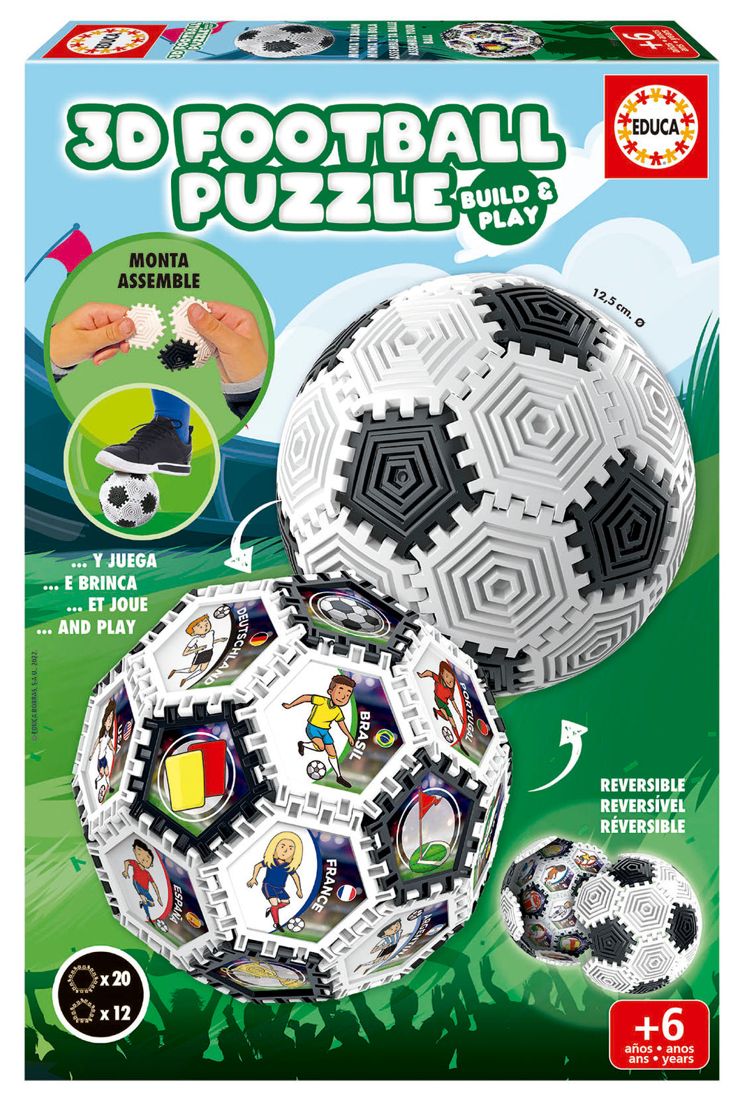  Puzzle 3D Football Podrás montar el balón de múltiples maneras: por el lado cóncavo de las piezas, por el lado convexo, mosaico de imágenes, torre, diábolo, pulsera, Diámetro del balón una vez montado: 12,5 cm.
