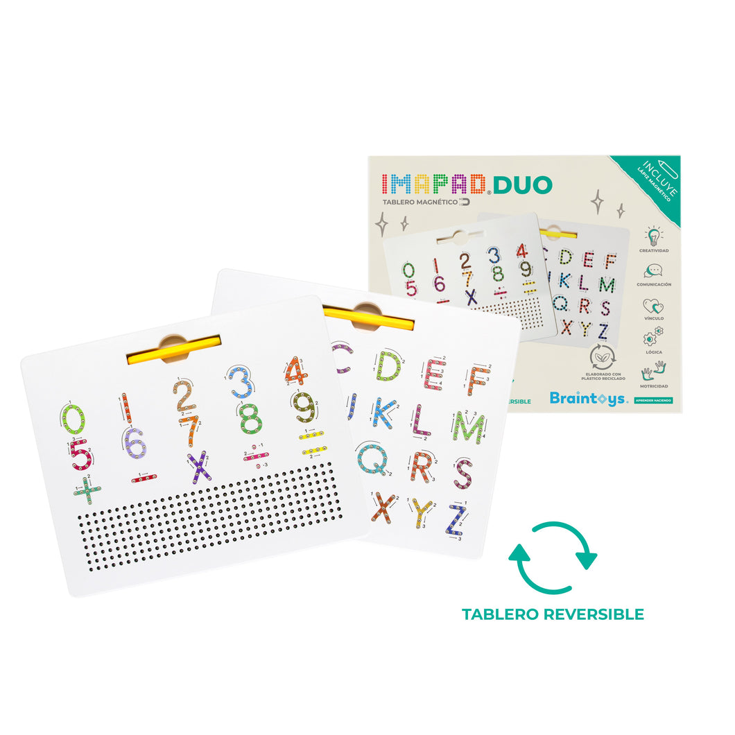 Imapad Duo Tablero Reversible Practica el abecedario y al mismo tiempo los números con Imapad, especialmente diseñado para contribuir a la práctica durante la importante etapa de la lecto-escritura.