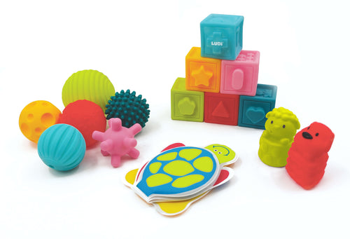 Conjunto Sensorial Descubrimientos Ludi 130054 primeros juguetes blanditos para el baño y fuera de él diferentes texturas
