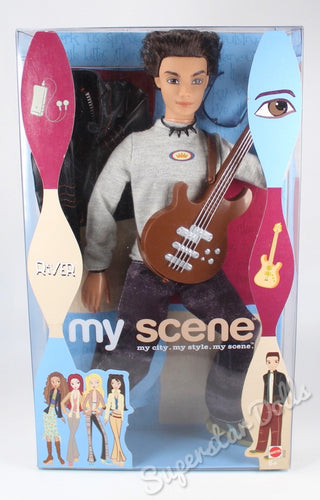 Muñeco River de My Scene, con su guitarra eléctrica, su cazadora rockera imitación de cuero y unas gafas negra