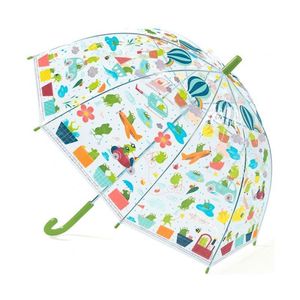 Paraguas ranita. Para no mojarse bajo la lluvia y dar un paseo divertido. Mide, en vertical 68 cm. Es transparente con divertidos dibujos y tonos verdosos.