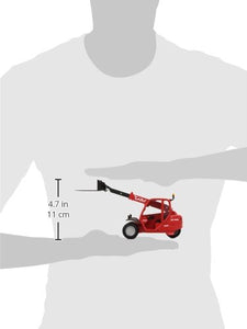 Réplica de la máquina Manitou Twisco SLT415 con horquillas, el diseño de color rojo, a escala 1:25. Tiene una cabina cerrada y el interior muy detallado. El vehículo se mueve con 3 ruedas, dos delanteras y una trasera. Su brazo es extensible y se levanta hacia arriba y abajo, las horquillas son ajustables