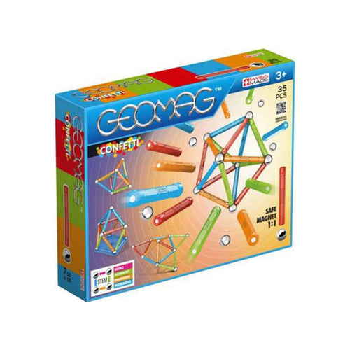  Geomag Confetti 35, Construcción compuesta de barritas y bolitas magnéticas. Consta de 35 piezas : 16 barritas de diferentes colores, 18 bolas y una base