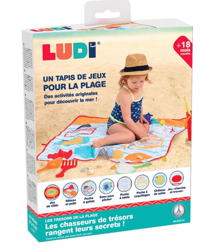 Alfombra Tesoros Playa Ludi, tapete de juego para playa, descubre 8 tesoros y guárdalos en sus bolsillos, aprende y juega