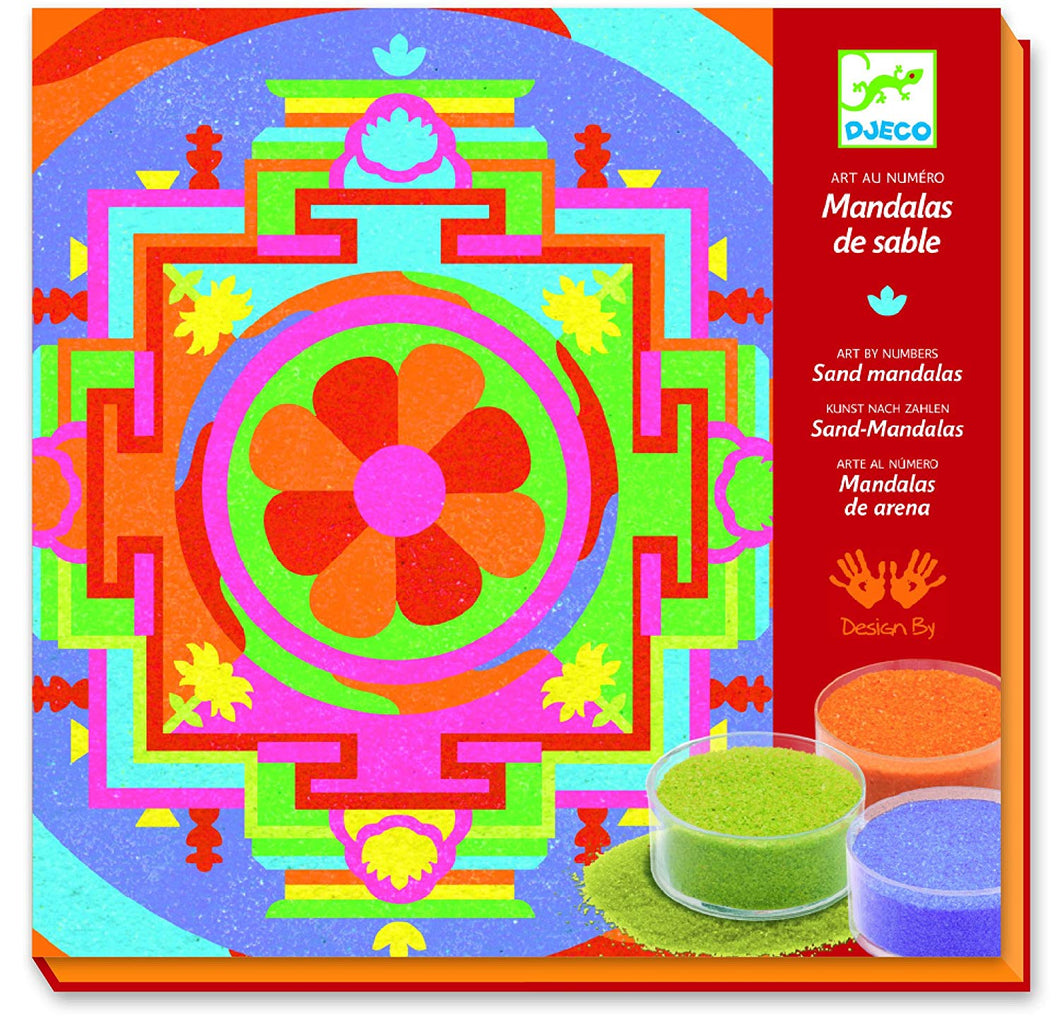 Mandalas de Arena Tibetanos DJ08634 Djeco 38634 con arena de colores que se pega a las partes adhesivas del mandala
