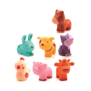 Troopo-farm Bote con 7 Figuras de Animalitos de la Granja DJ09116 Djeco 39116 de goma y total seguridad para los pequeños