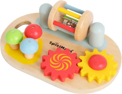 Tablero de juego de motricidad de madera SpielMaus con diferentes formas y colores que entrena de forma lúdica la motricidad fina. El la parte inferior tiene ventosas, que se puede fijar sobre superficies lisas. Dimensiones aproximadas 23,5x15x9,5 cm