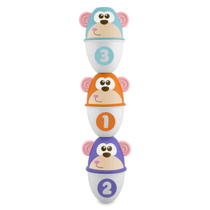 Monkey Strike es un set de 6 bolos apilables de juguete con diferentes números y colores para emparejar. Cada bolo puede separarse por la mitad para que el niño/a pueda combinarlos