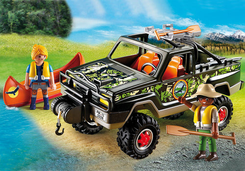 Pick Up de Playmobil Wild Life para vivir miles de aventuras. Incluye 2 figuras, canoa, pick up y varios pequeños accesorios mas. Con cable y barra de remolque ajustable a la altura. El capó del motor y la puerta trasera se pueden abrir. La canoa flota y se coloca en la baca. Medidas: 27 x 12 x 13 cm (LxPxA